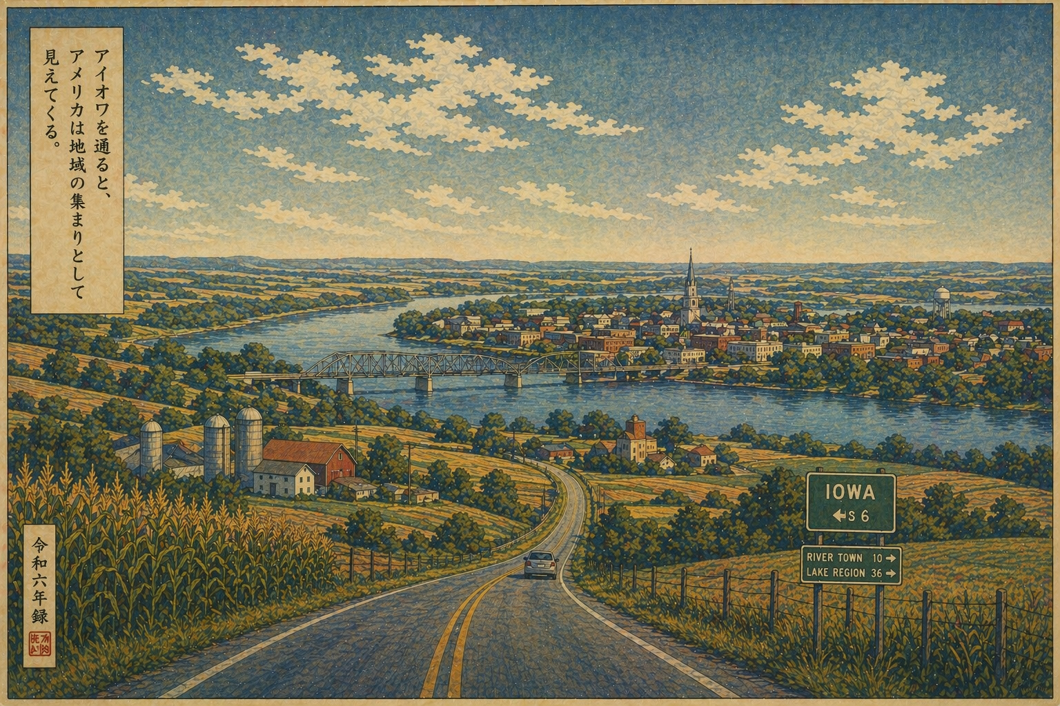 道路、農地、町、地域の連続を描いた日本的木版画風イメージ