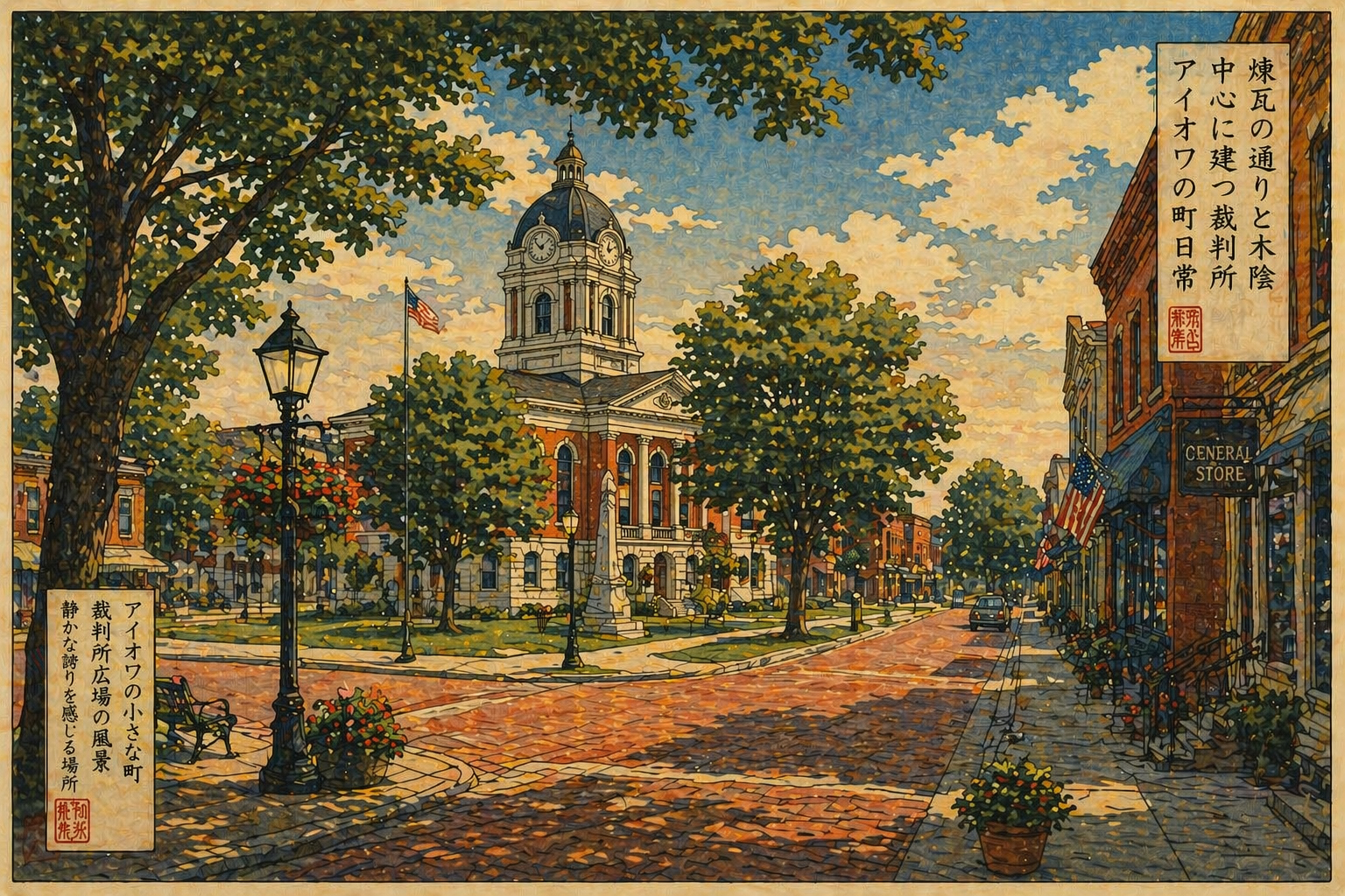 裁判所広場と煉瓦の通り、木陰のあるアイオワの小さな町を描いた木版画風イメージ