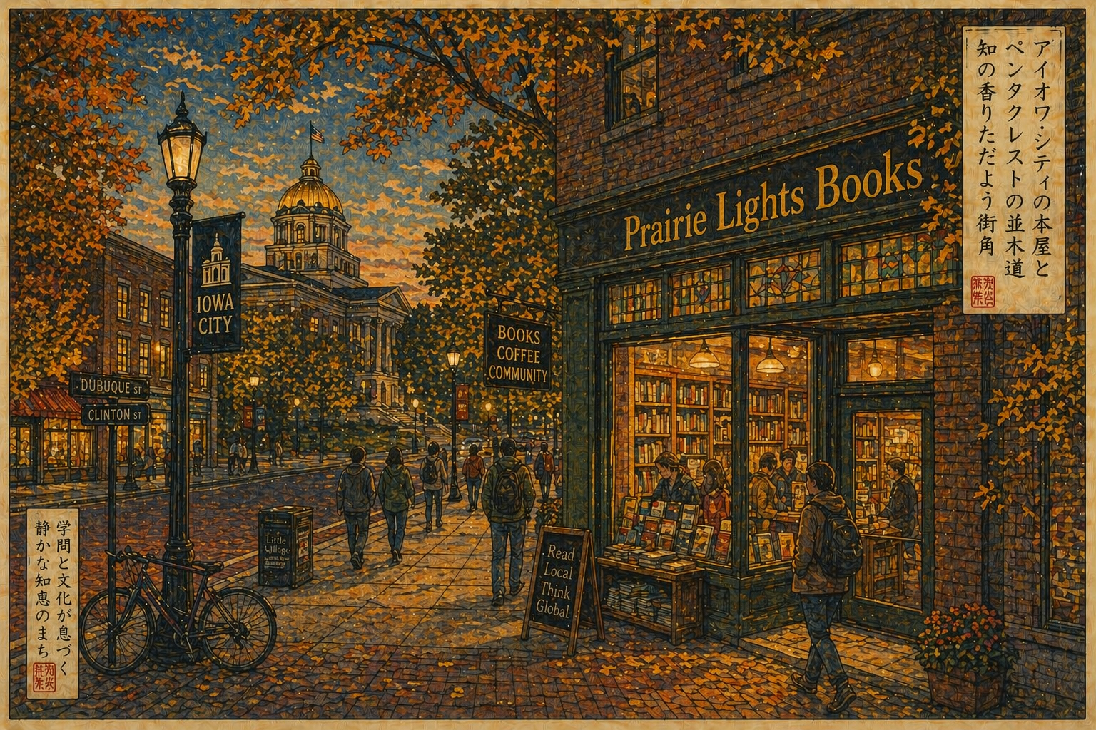 秋の光の中のアイオワ・シティ、書店と歴史的建物を木版画風に描いたイメージ