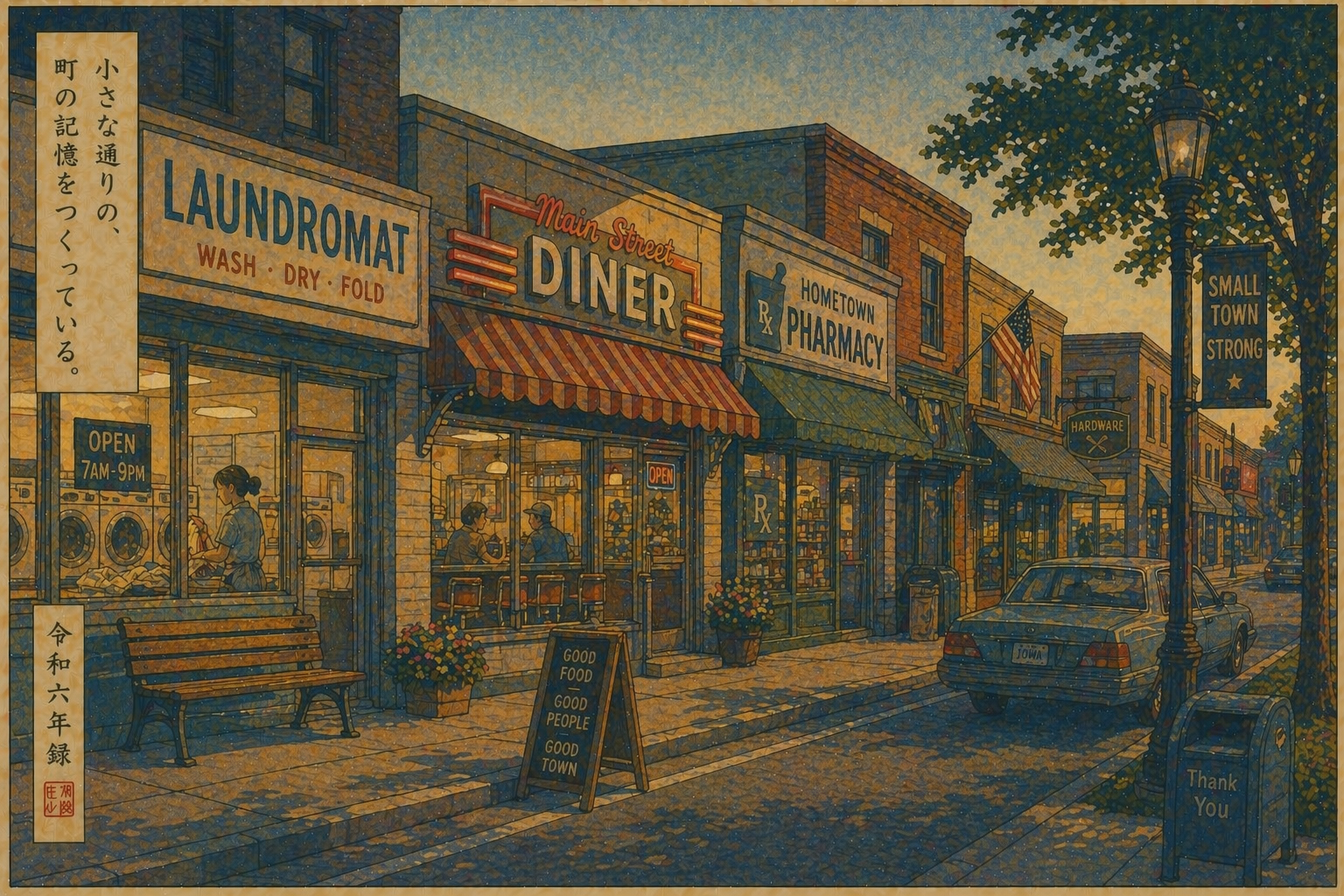 小さな通りの一角に店が並び、日常の記憶が積み重なるアイオワの風景を描いた日本的木版画風イメージ