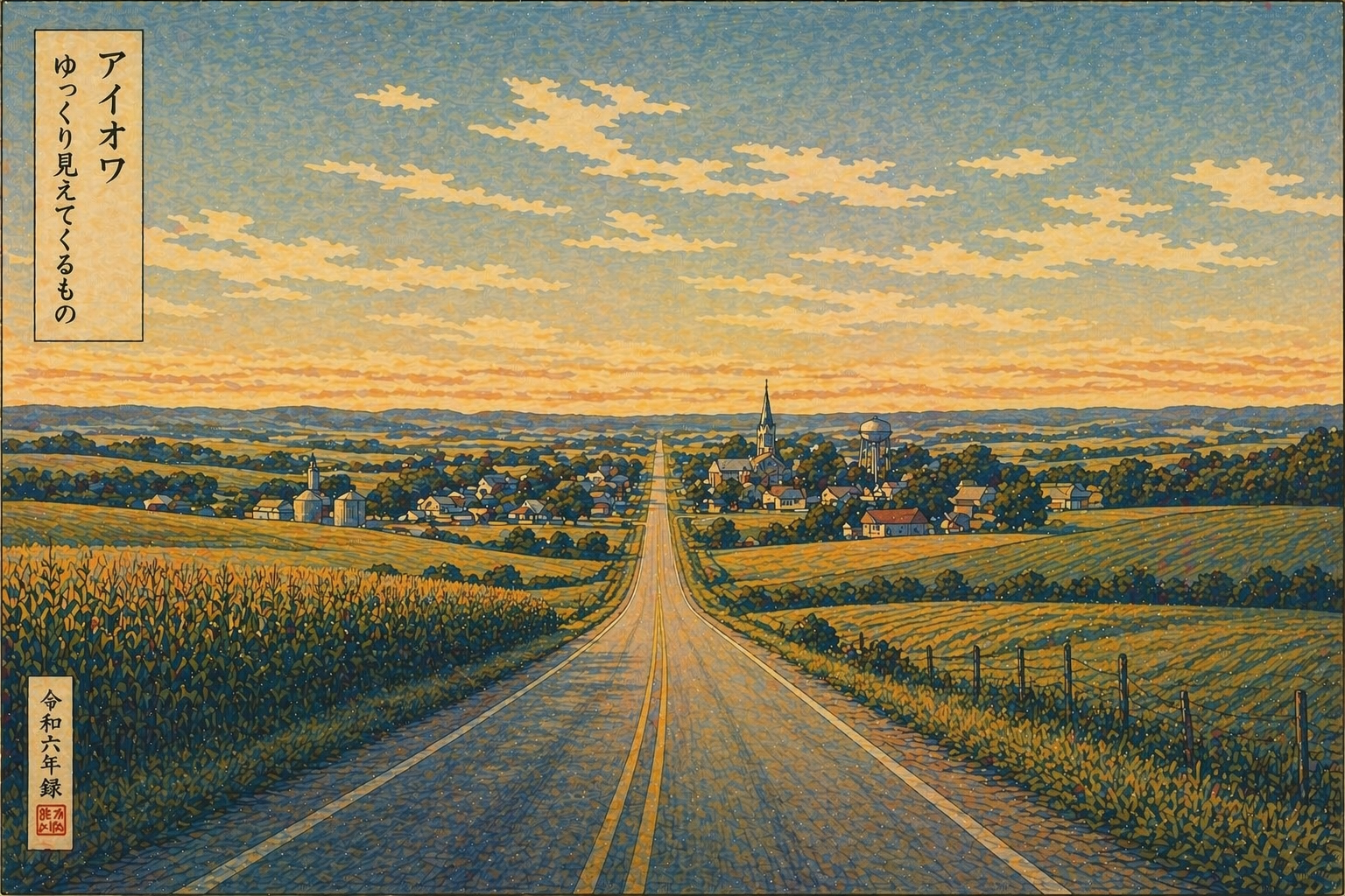 朝の道路の先に町と畑が続く、ゆっくり見えてくるアイオワの風景を描いた木版画風イメージ