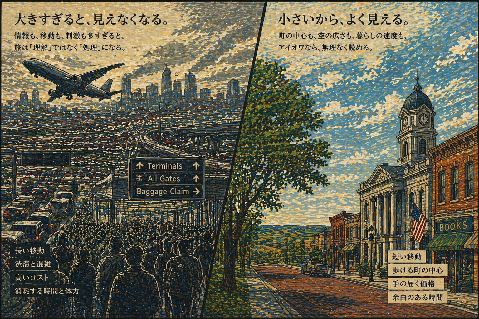 巨大な移動動線と消耗感を対比的に描いた木版画風イメージ