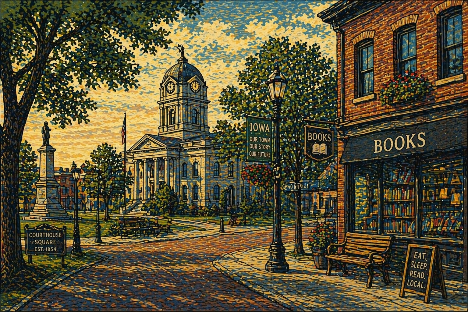 書店と裁判所広場が同じ町の視界に収まる人間的スケールのアイオワを描いた木版画風イメージ